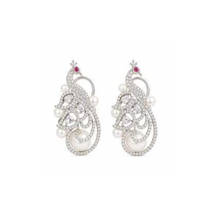 Rhodium Plated Cubic Zirconia Pearl Peacock Drop Earrings