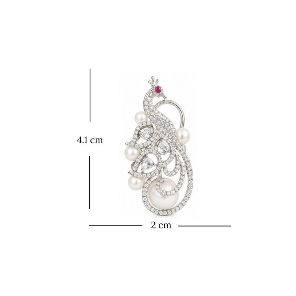 Rhodium Plated Cubic Zirconia Pearl Peacock Drop Earrings