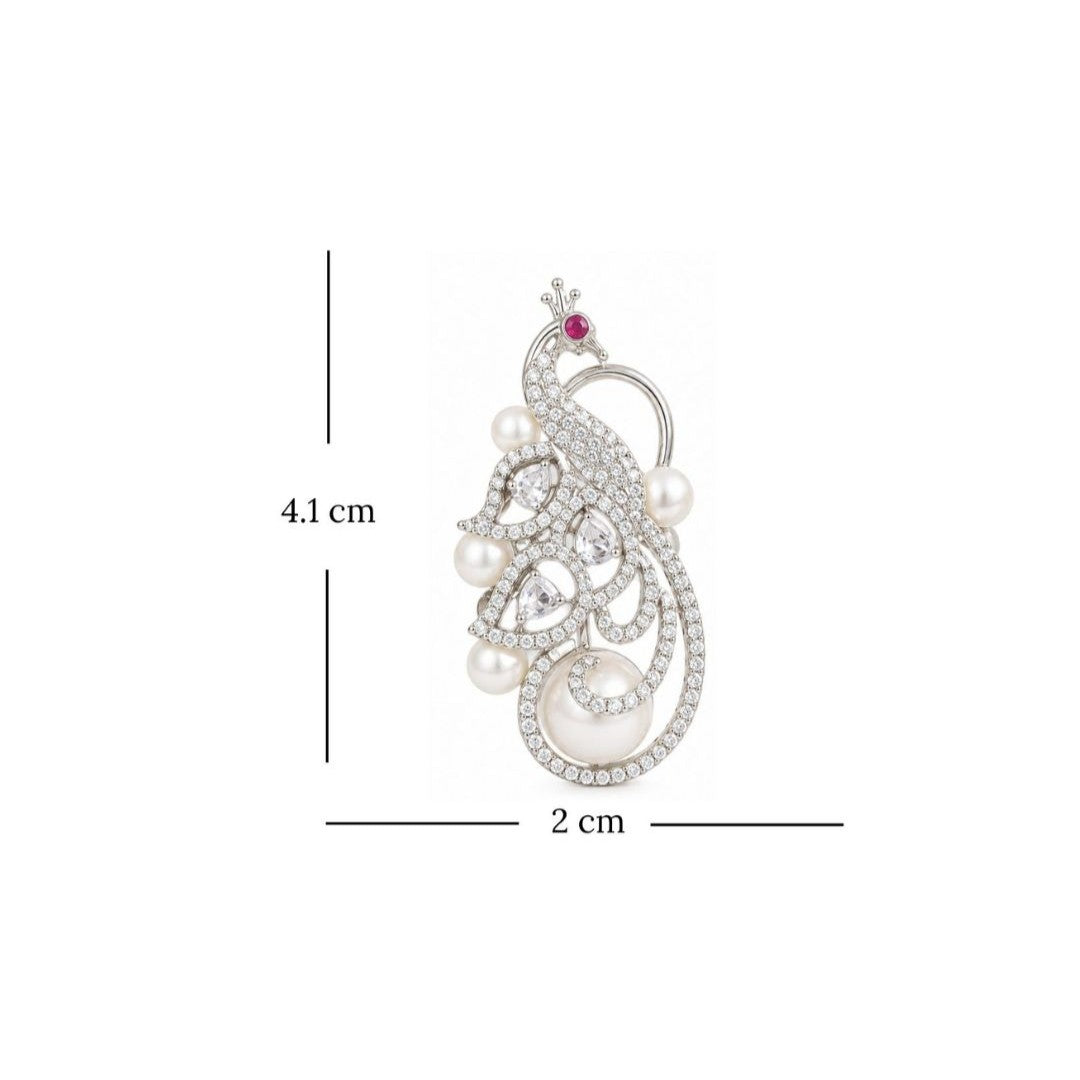 Rhodium Plated Cubic Zirconia Pearl Peacock Drop Earrings