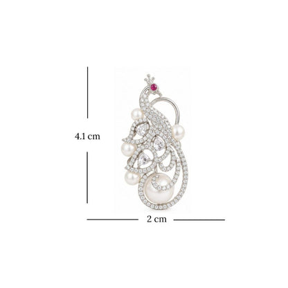 Rhodium Plated Cubic Zirconia Pearl Peacock Drop Earrings