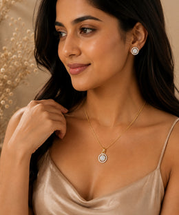 Gold Plated Solitaire Halo Style Pendant & Earrings Set