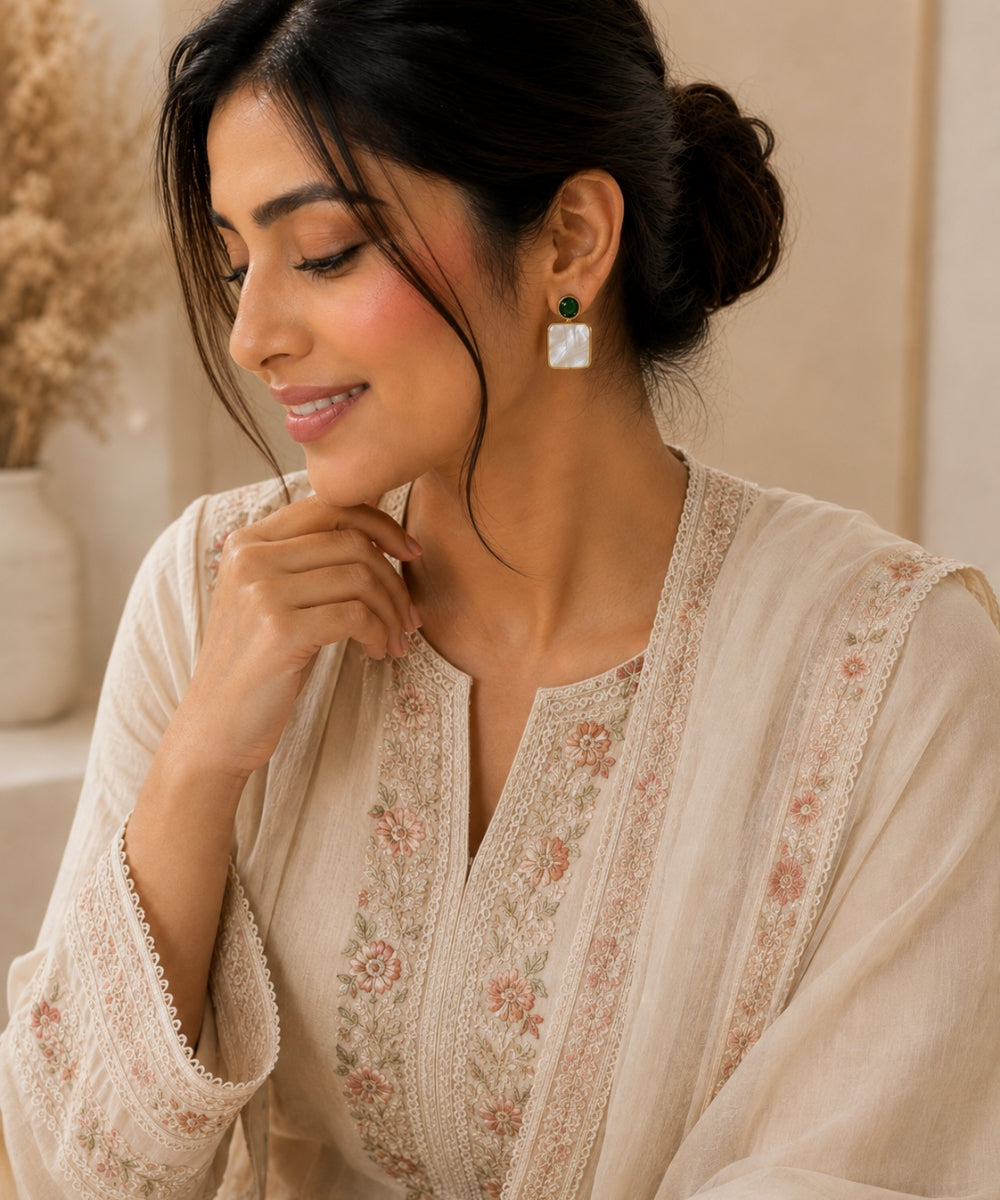Gold Plated Mother of Pearl CZ Drop Earrings
