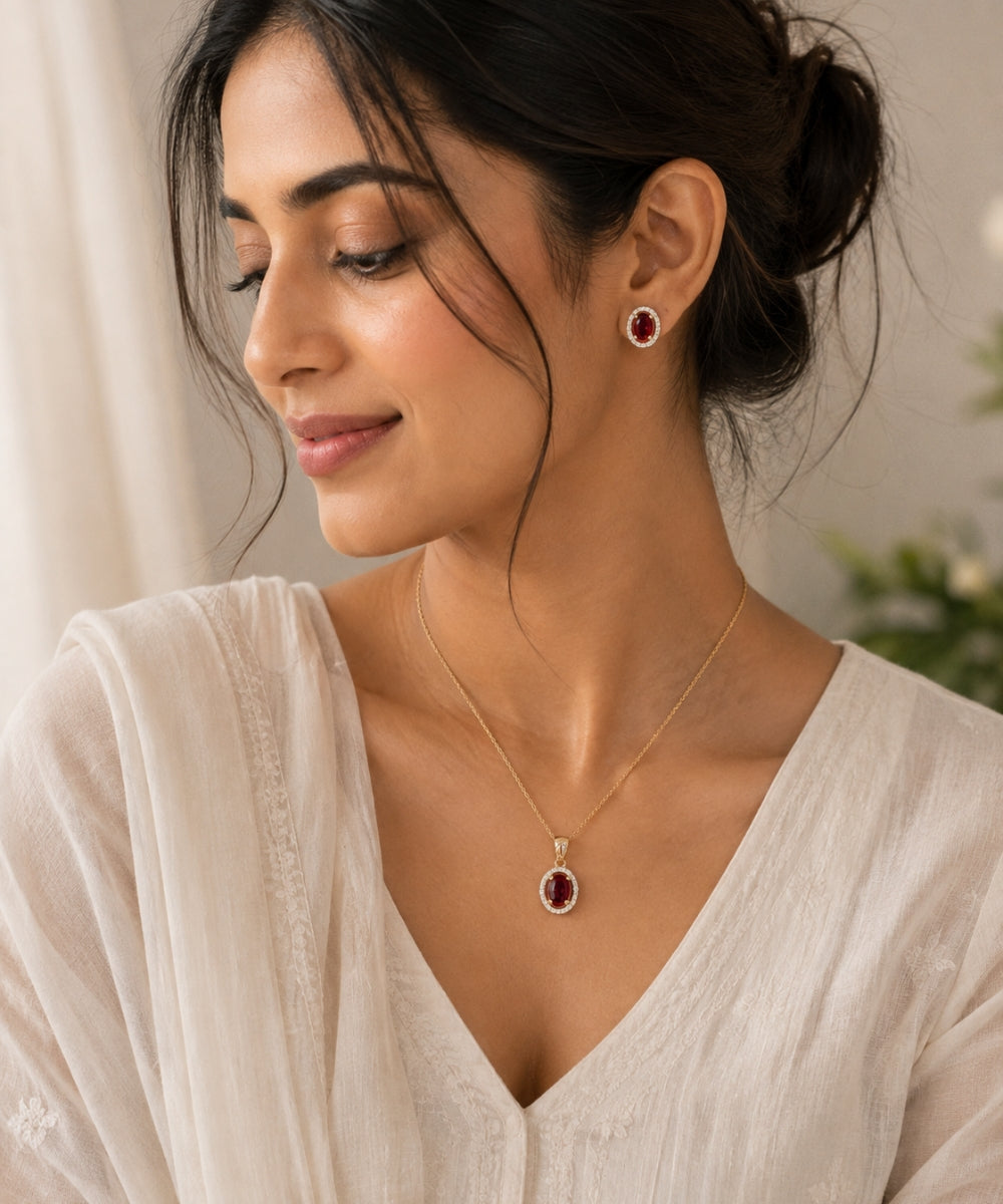 Gold Plated Red Cubic Zirconia Solitaire Halo Pendant & Earrings Set