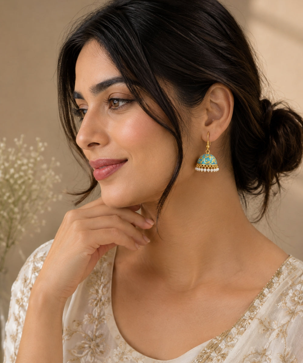 Ocean Bloom Gold-Plated Pearl Drop Jhumki Earrings