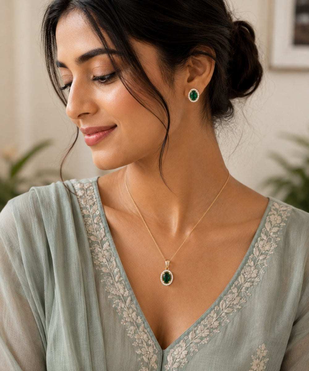 Gold Plated Green Cubic Zirconia Solitaire Halo Pendant & Earrings Set