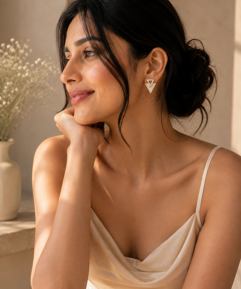 Gold Plated Triangle Shape Cubic Zirconia Stud Earrings