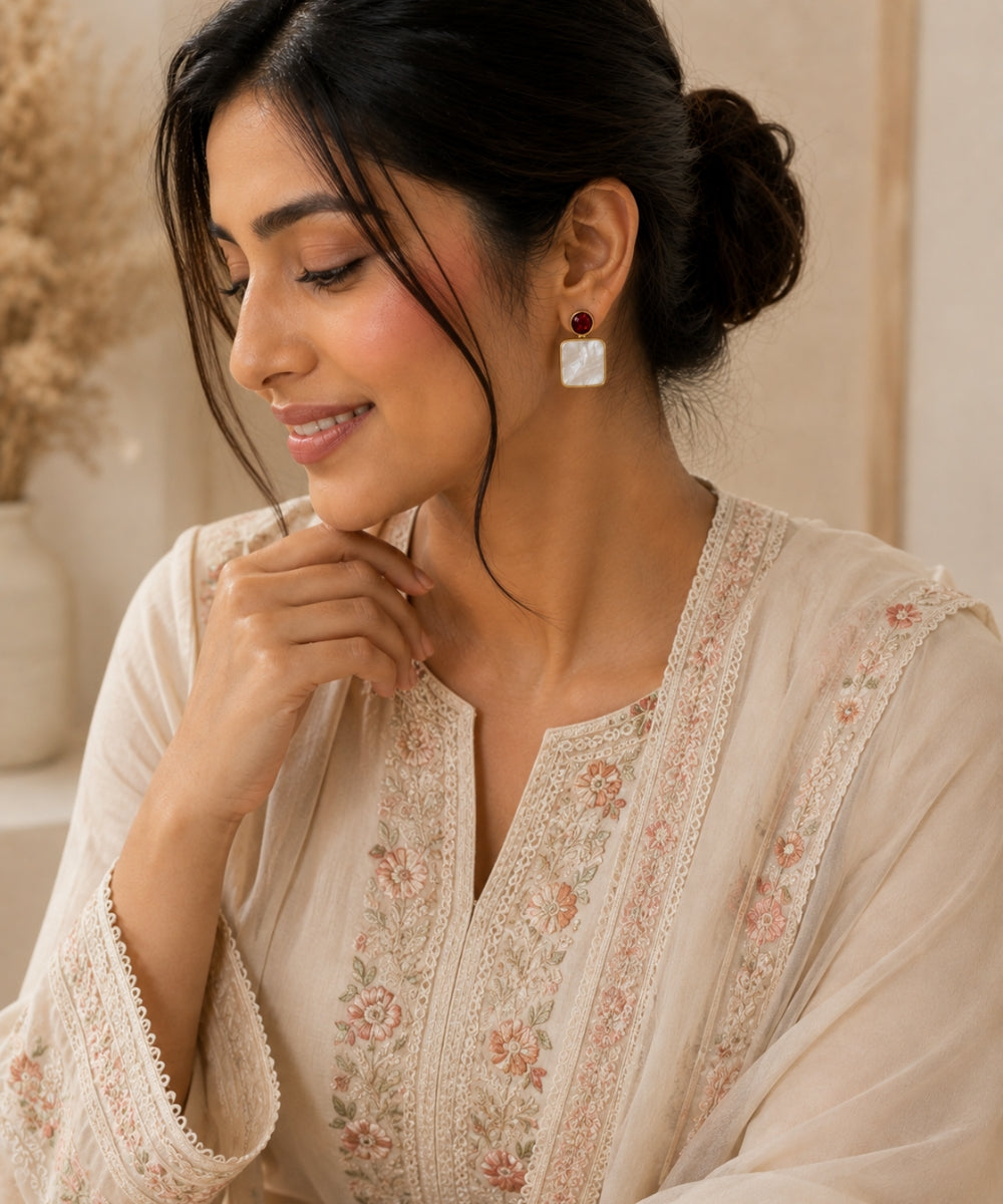 Gold Plated Mother of Pearl CZ Drop Earrings