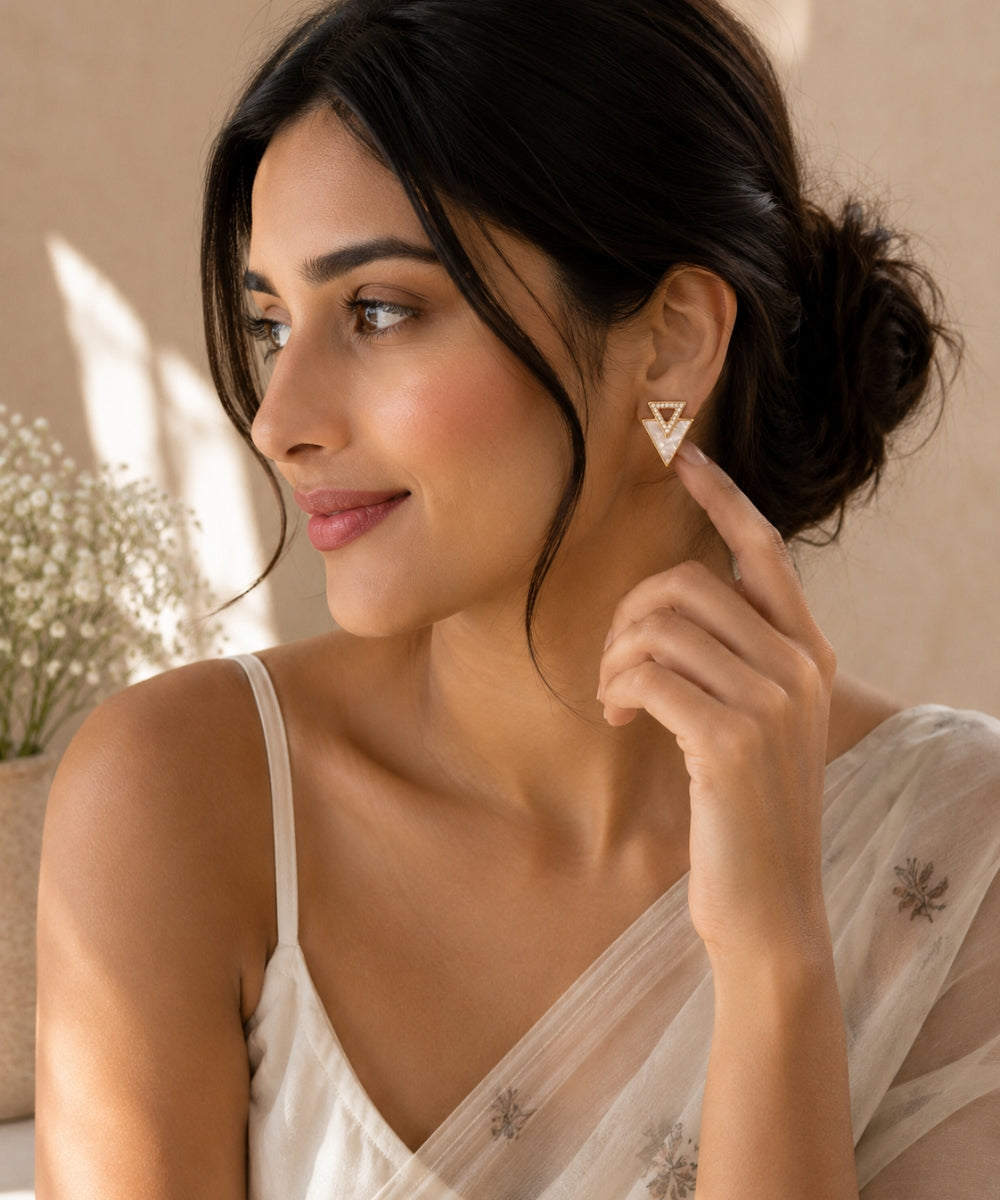 Gold Plated Triangle Shape Cubic Zirconia Stud Earrings