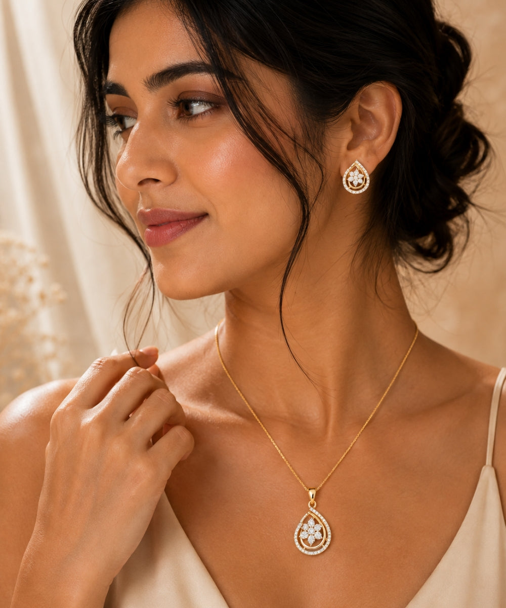 Gold Plated Cubic Zirconia Floral Pendant Set