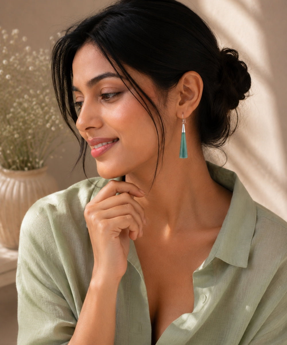 Rhodium Plated Turquoise Stone Dangle Earrings