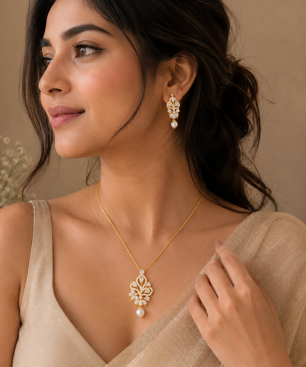 Gold Plated Cubic Zirconia Pearl Pendant Set