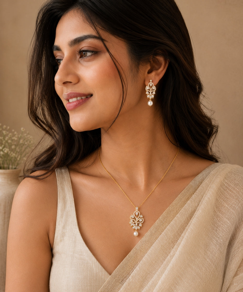 Gold Plated Cubic Zirconia Pearl Pendant Set
