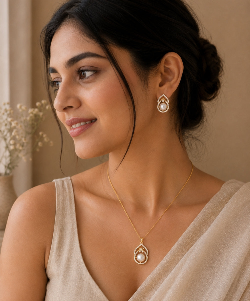 Gold Plated Cubic Zirconia Pearl Pendant Set