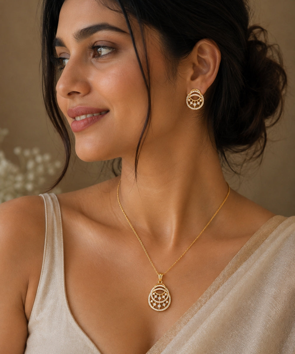 Gold Plated Cubic Zirconia Double Circle Pendant Set