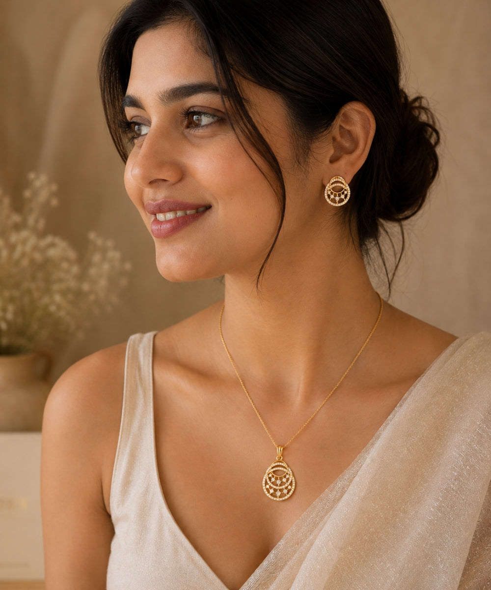 Gold Plated Cubic Zirconia Double Circle Pendant Set