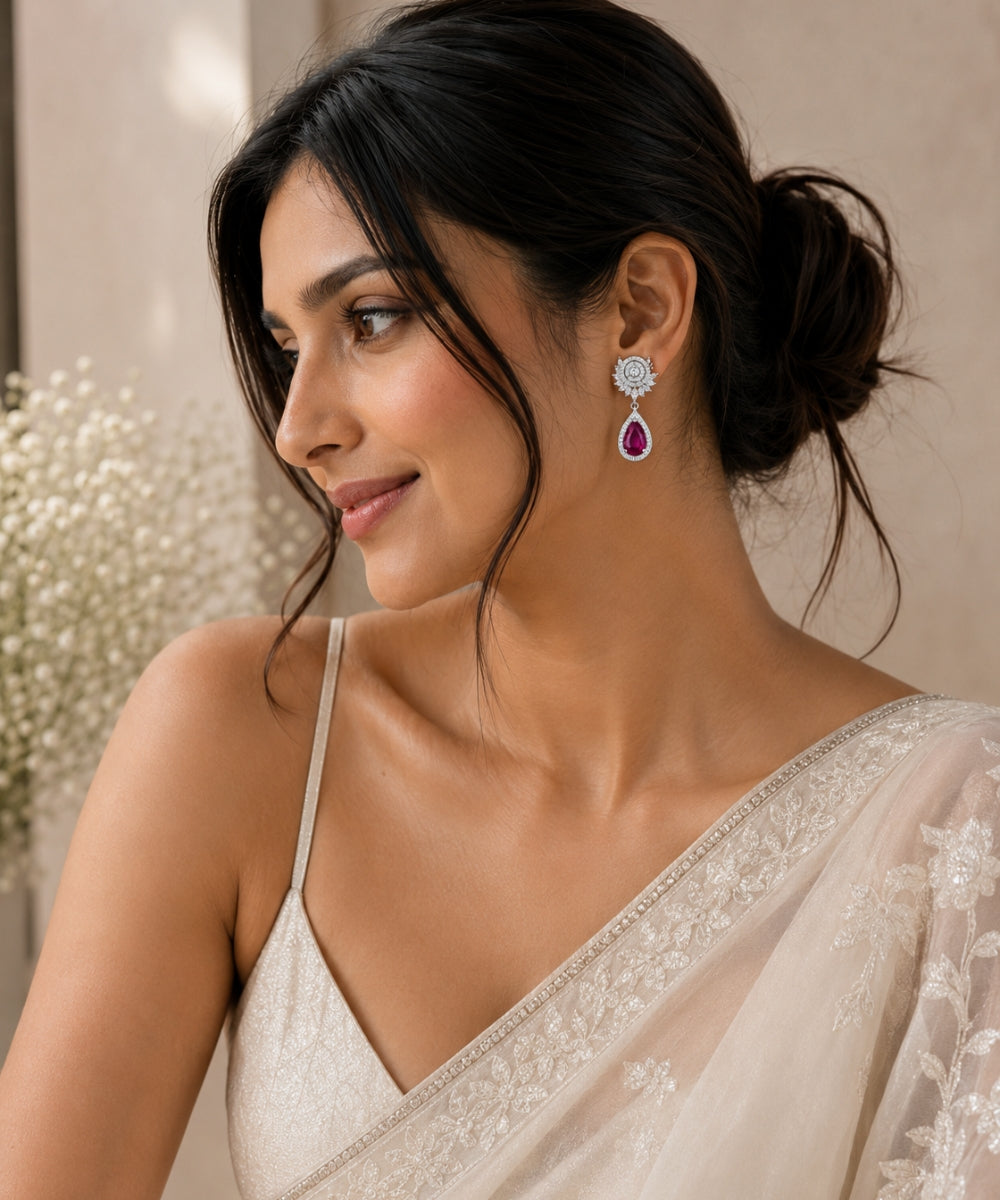 Rhodium Plated Pink Cubic Zirconia Drop Earrings