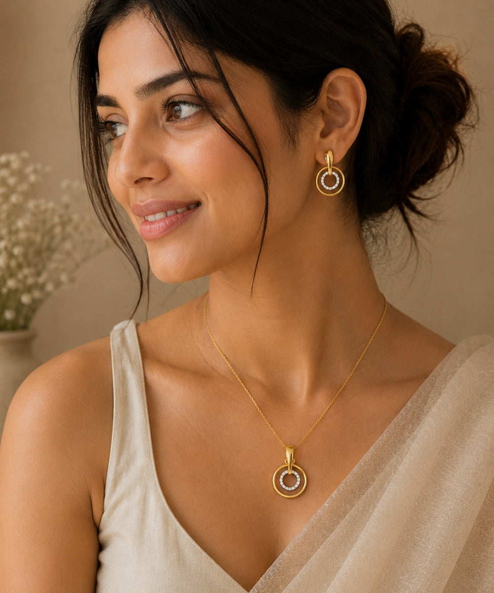 Gold Plated Cubic Zirconia Double Circle Pendant Set