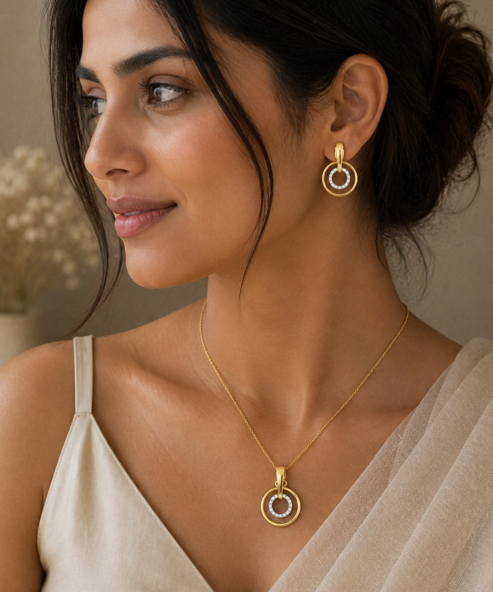 Gold Plated Cubic Zirconia Double Circle Pendant Set