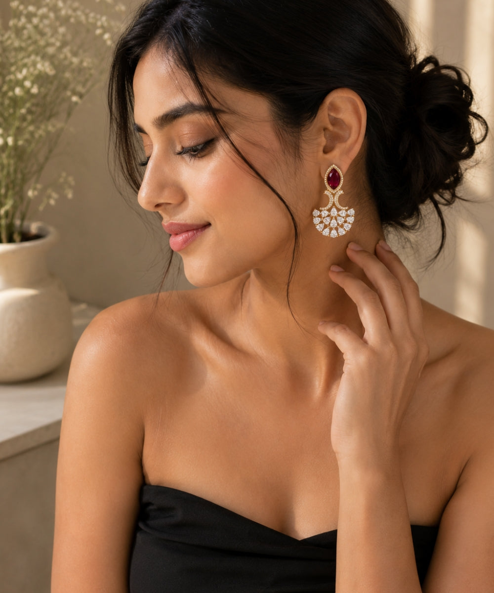 Gold Plated Red Cubic Zirconia Drop Earrings
