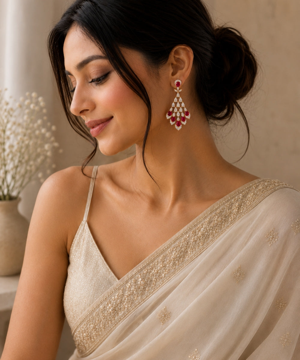 Gold Plated Red Cubic Zirconia Drop Earrings