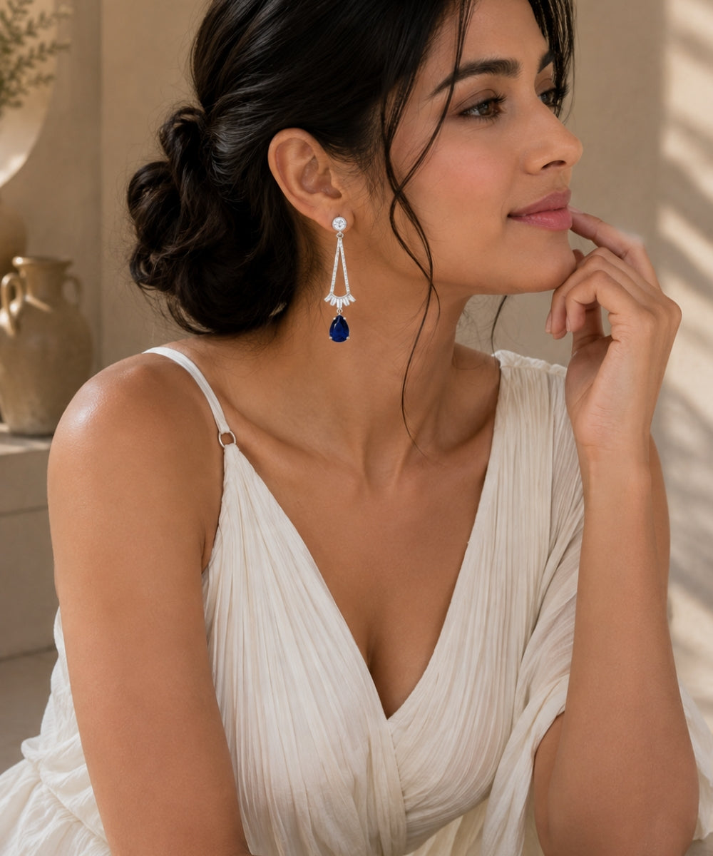 Rhodium Plated Blue Cubic Zirconia Drop Earrings