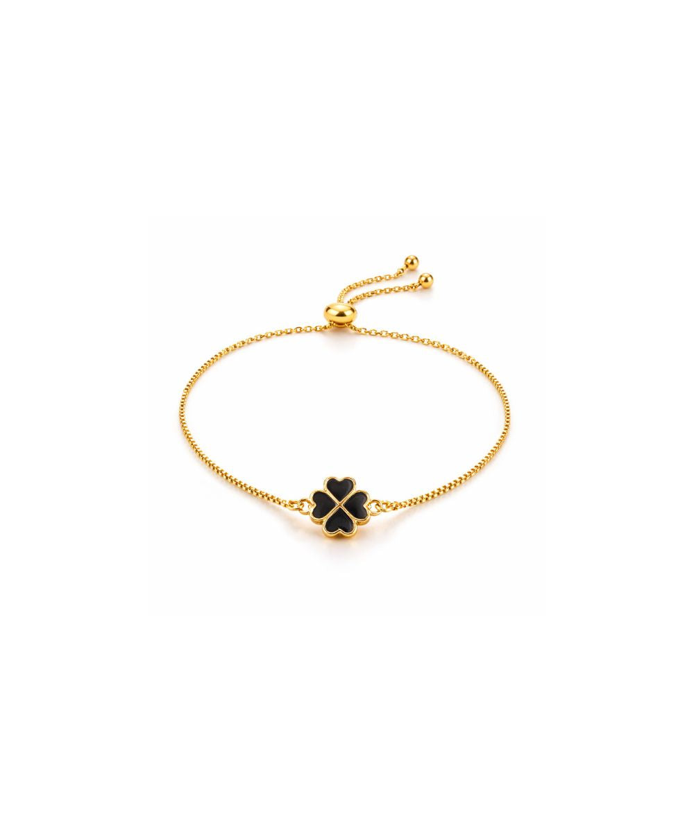 Gold Plated Black Enamel Clover Leaf Bracelet