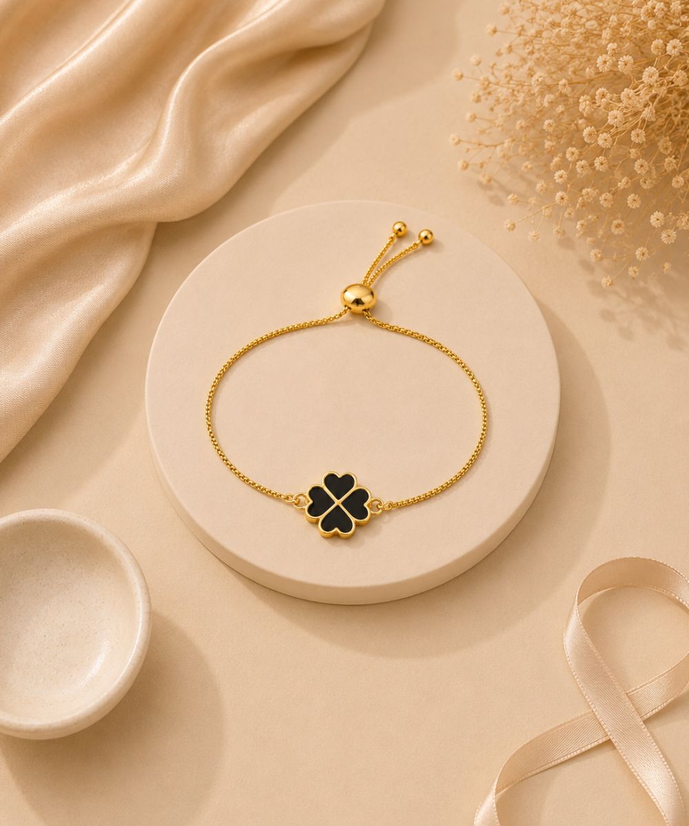 Gold Plated Black Enamel Clover Leaf Bracelet