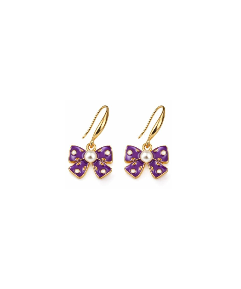 Gold Plated Purple Bow Pearl Drop Earrings