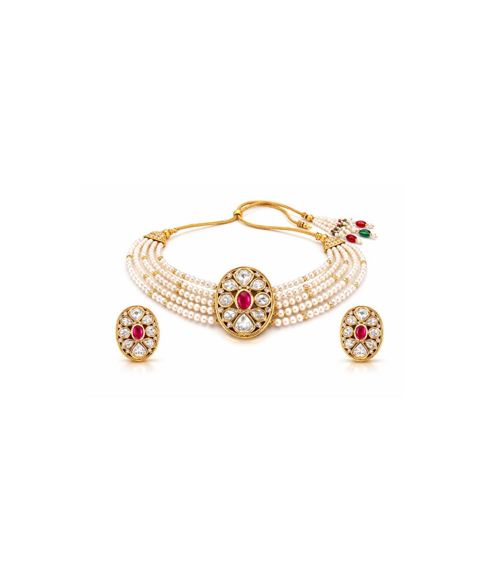 Gold Plated Pink Kundan Semi Cultured Pearl Choker Set