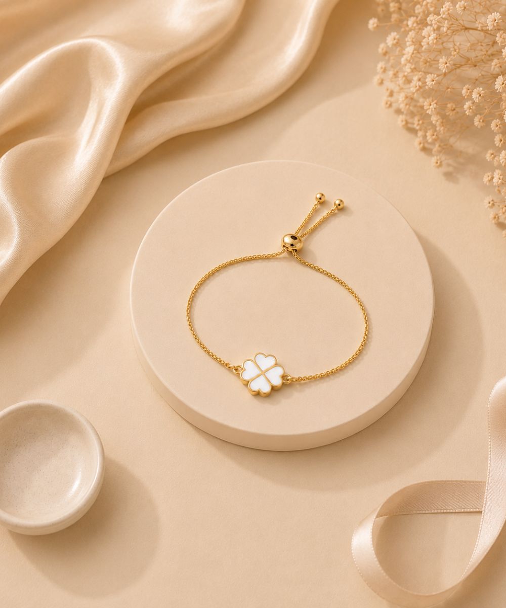 Gold Plated White Enamel Clover Leaf Bracelet