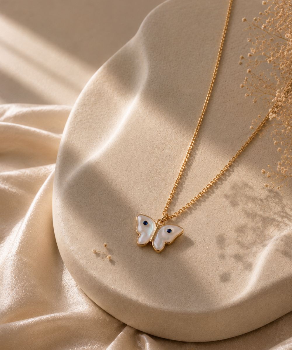 Gold Plated Butterfly Pendant with Evil Eye