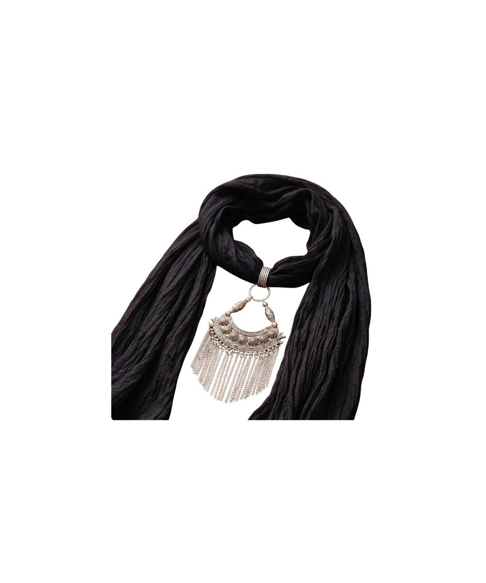 Black Georgette Scarf With Oxidized Motif