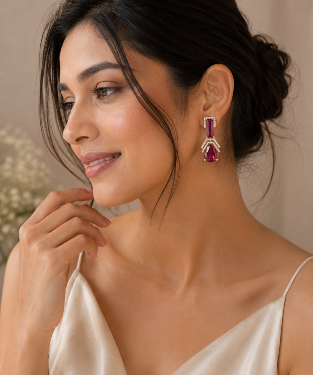 Gold Plated Red Cubic Zirconia Drop Earrings