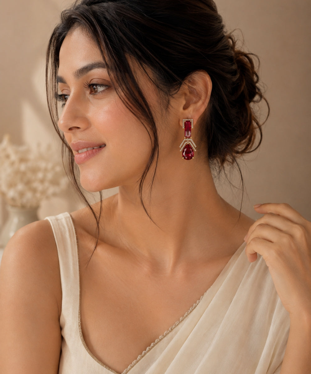 Gold Plated Red Cubic Zirconia Drop Earrings