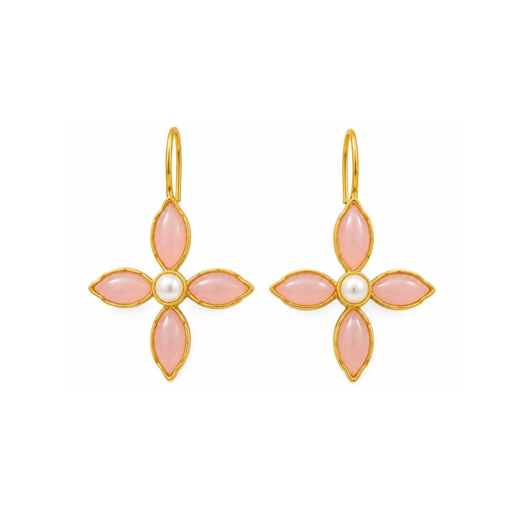 Gold Plated Floral Cubic Ziconia Pearl Drop Earrings