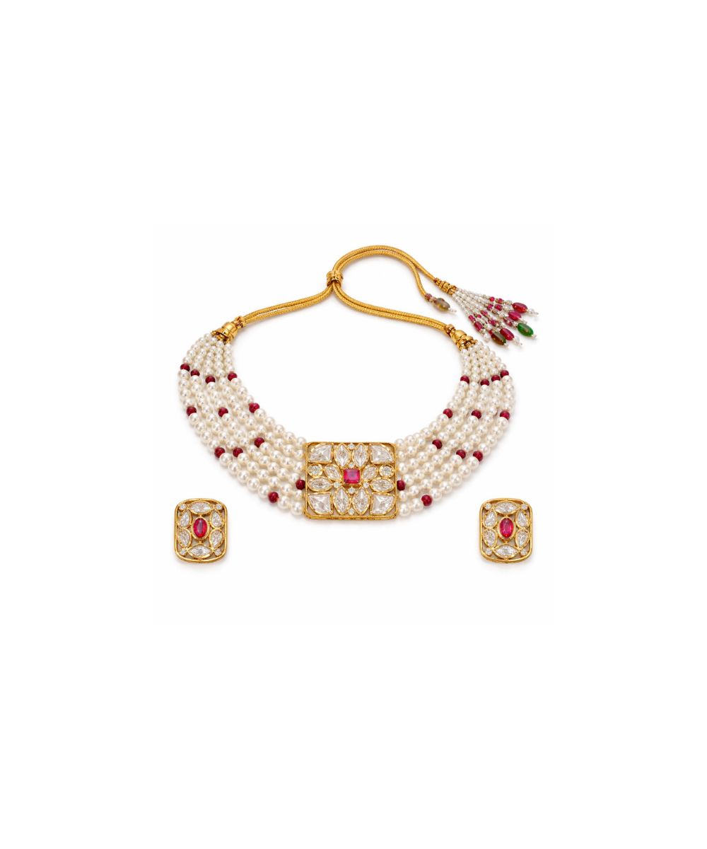 Gold Plated Pink Kundan Semi Cultured Pearl Choker Set