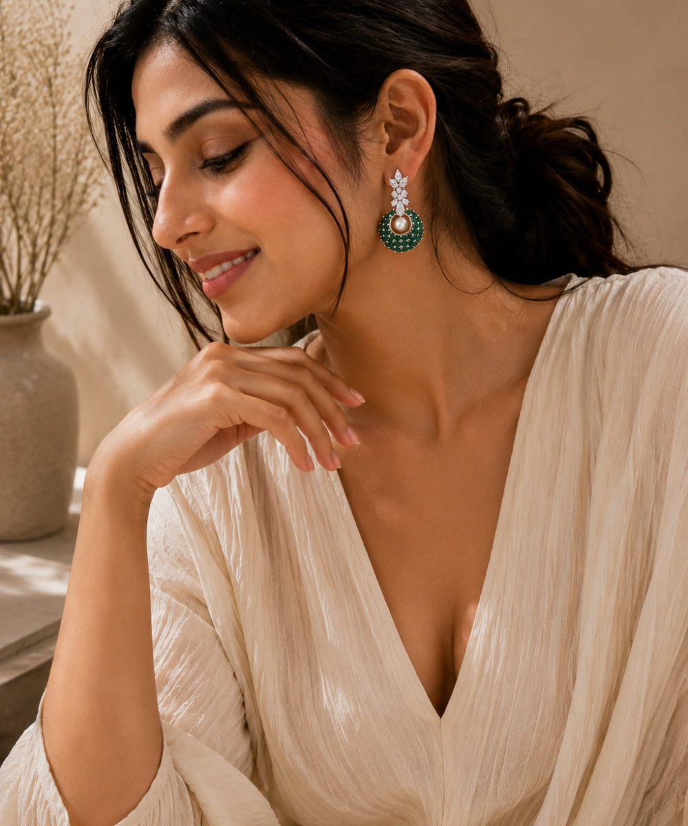 Rhodium Plated Cubic Zirconia Pearl Drop Earrings