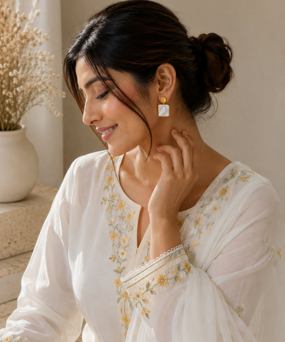 Gold Plated Mother of Pearl CZ Drop Earrings