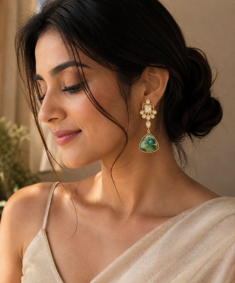 Gold Plated Green Kundan Drop Earrings