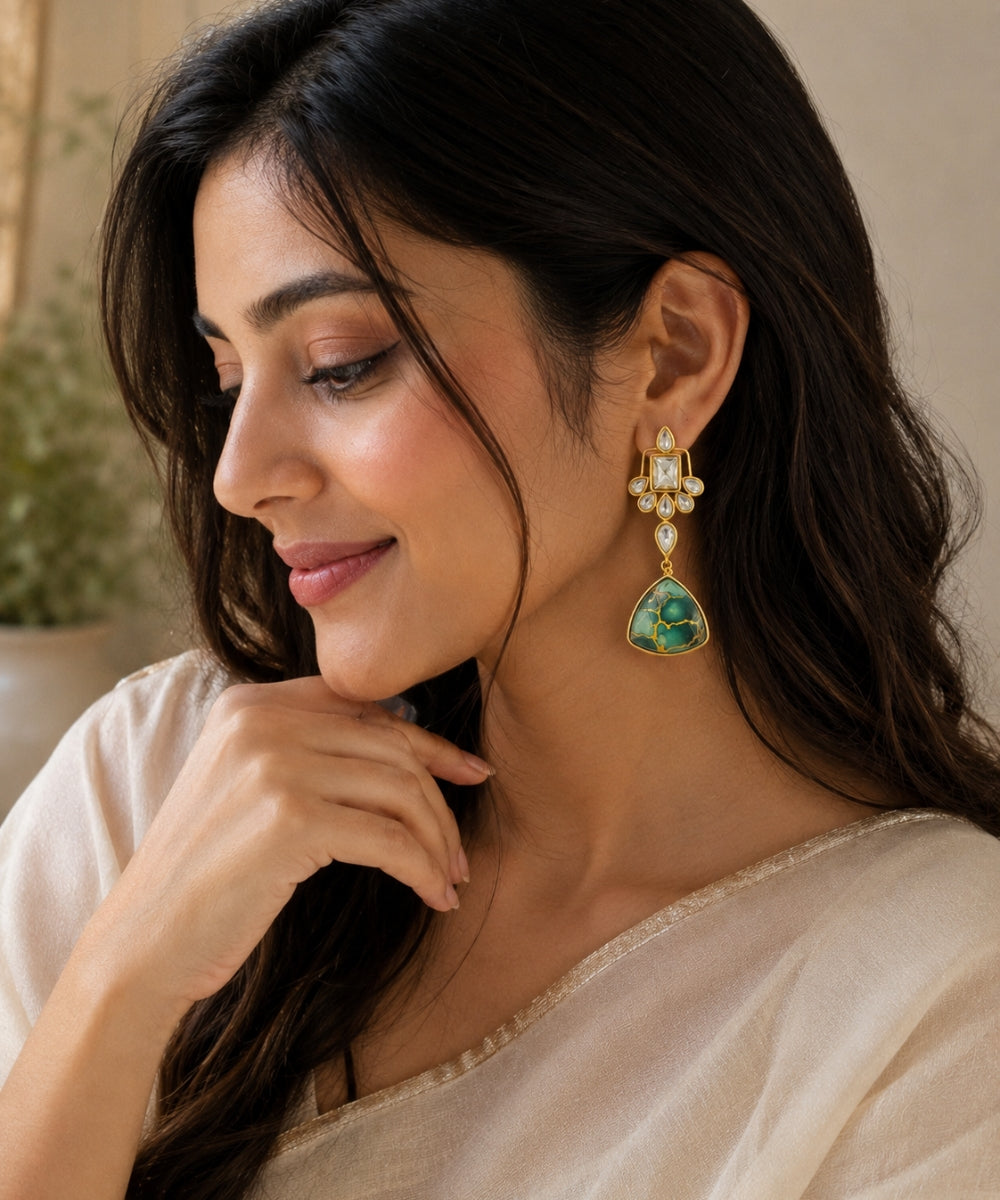 Gold Plated Green Kundan Drop Earrings