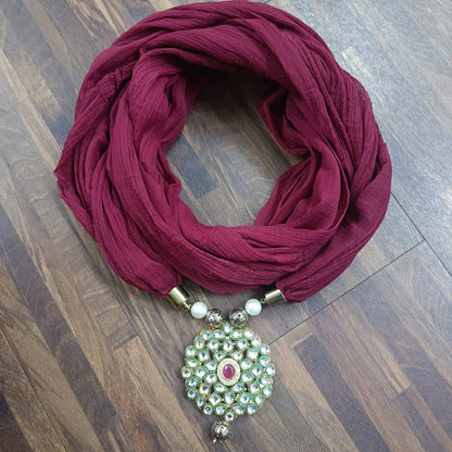 Maroon Georgette Scarf With Kundan Motif
