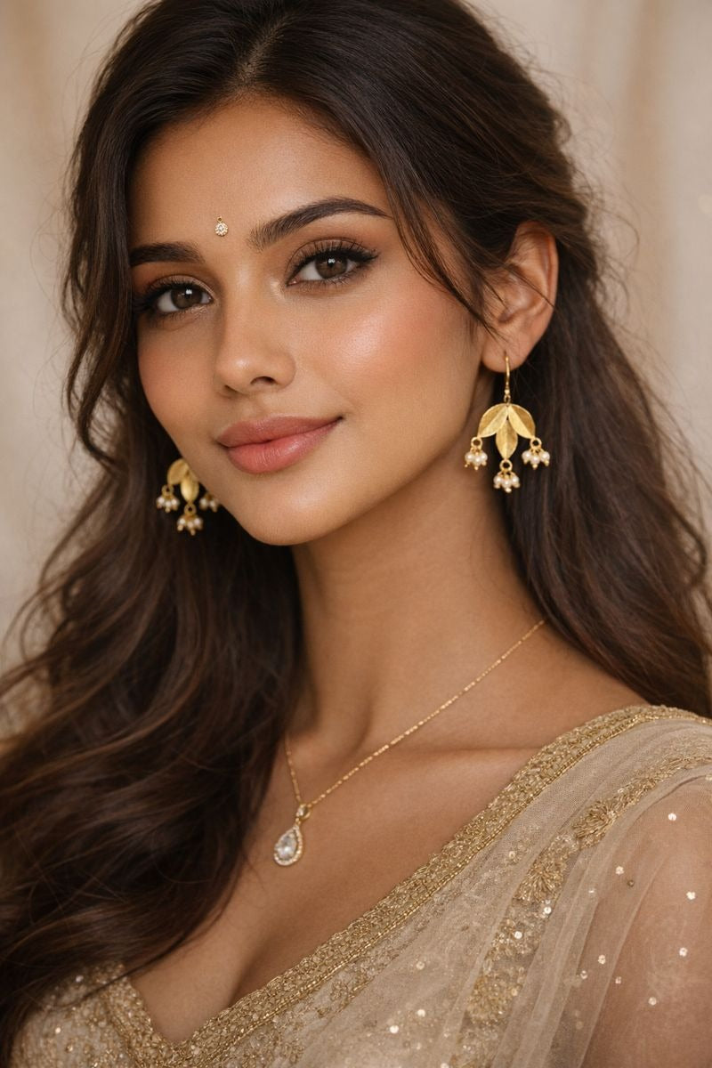 Gold-Plated Leaf Pearl Dangle Earrings