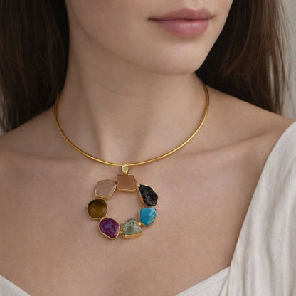 Circle Gold-Plated Multi-Stone Necklace