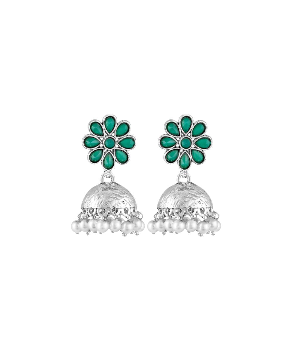 Oxidized Green Stone Jhumki Earrings
