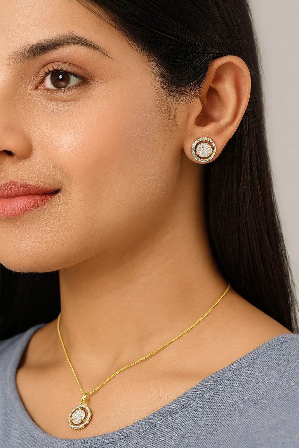 Gold-Plated Eternal Glow Solitaire Halo Pendant & Earrings Set