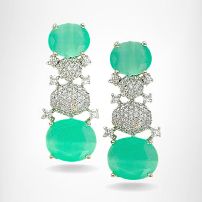 Rhodium Plated Green Stone Earrings
