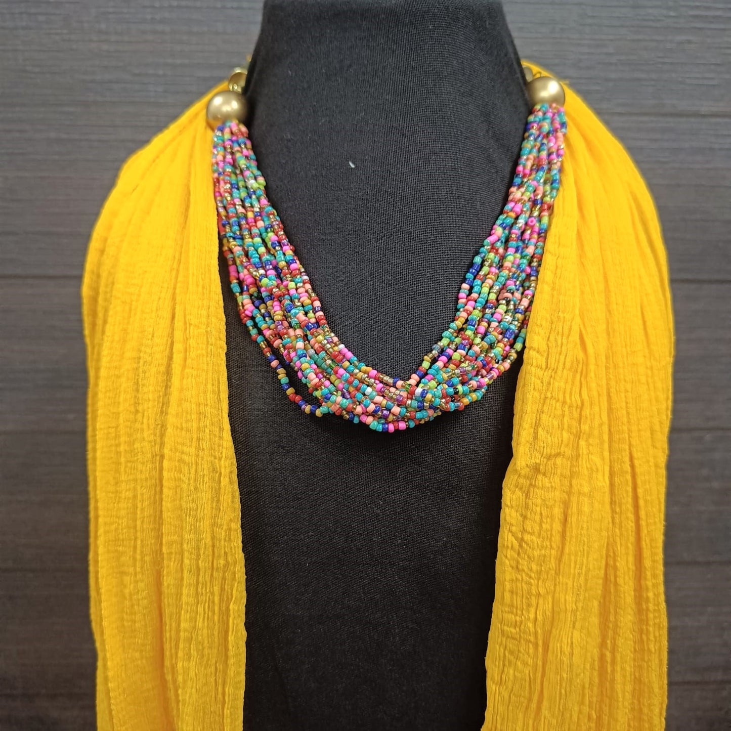 Bdiva Handmade Yellow Scarf With Multicolored Seed Beads Necklace.