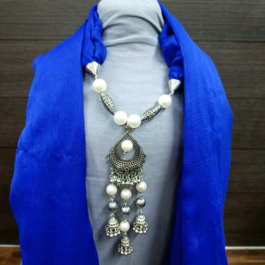 Bdiva Blue Georgette Scarf With Indian Jewelry And Oxidised Motif