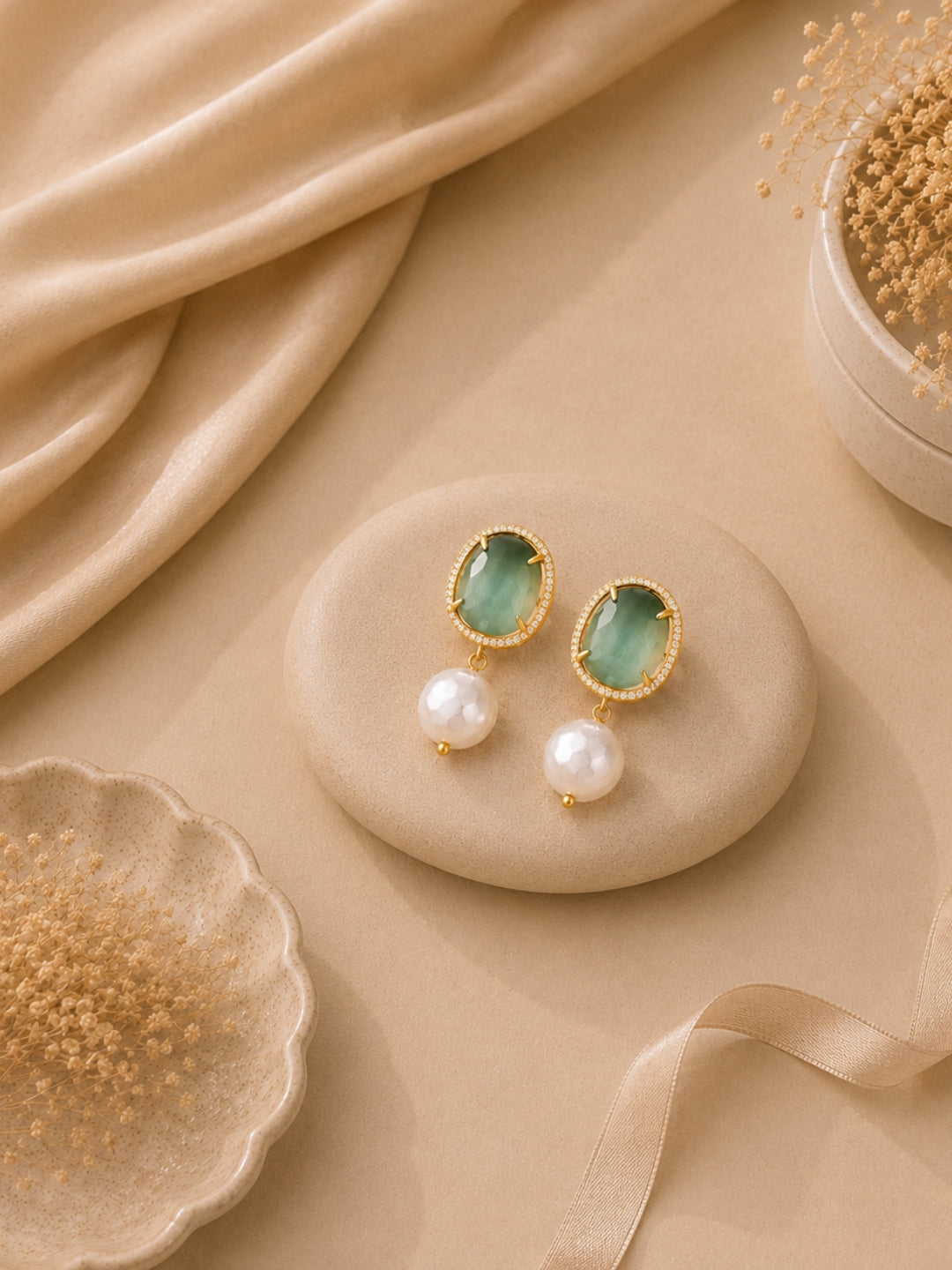 Gold Plated Emerald Stone Drop Earrings
