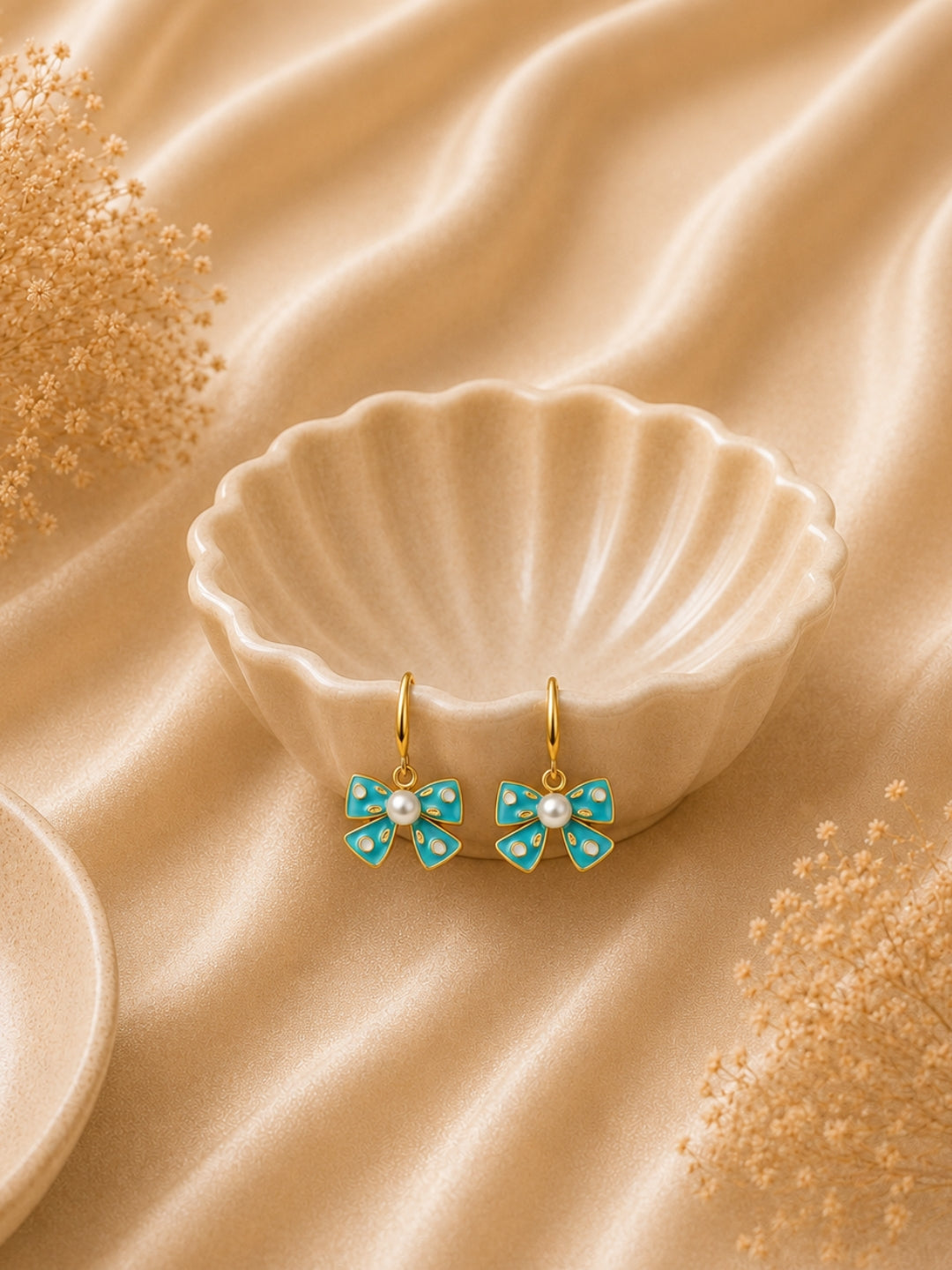Gold Plated Light Blue Bow Pearl Drop Earrings